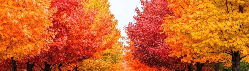 A row of maple trees along a quiet street, their leaves turning brilliant shades of orange and red on the first day of fall, First Day of Fall, autumn beauty