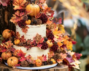 A fall-themed wedding cake decorated with edible leaves