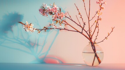 Minimalist Ikebana Arrangement with Blossoming Tree Branches in Glass Vase on Blue and Pink Background for Harmony
