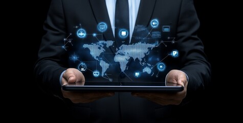 Businessman touching a digital map with global network and connectivity