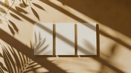 Mockup of vertical rectangle cards with soft shadows on brown background for various purposes