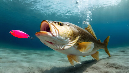 Largemouth bass freshwater fish striking pink lure in the lake, water animals and wildlife, nature background, fishing, catch and release