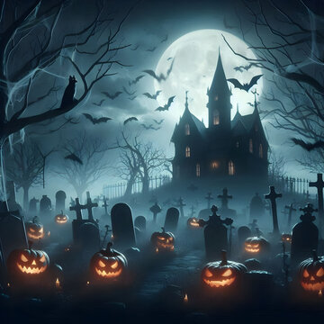 Poster of Halloween with zombie. Vector illustration. halloween pumpkin scarecrow on a wide field with the moon on a scary night