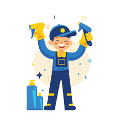 A simple flat illustration of an happy japanese man wearing blue uniform and cap, holding cleaning tool like sugs up high in the air , Minimalist style on white background with bright colors