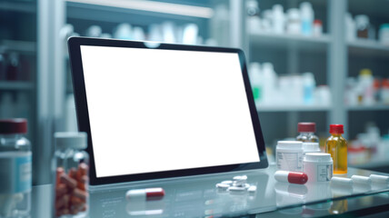 A tablet computer on a glass countertop in a modern pharmacy, surrounded by various medication bottles and pills. PNG, Transparent, isolate.