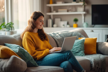 A young woman smiles as she uses a laptop while sitting on a comfy couch in her home