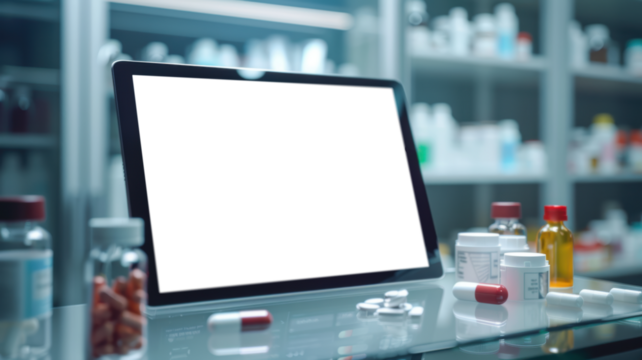 A tablet computer on a glass countertop in a modern pharmacy, surrounded by various medication bottles and pills. PNG, Transparent, isolate.