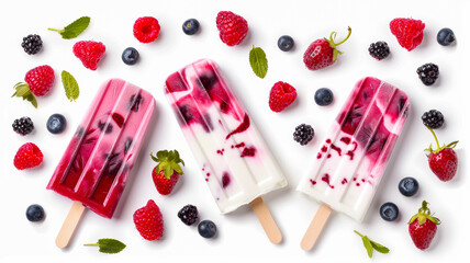 Colorful berry popsicles made with fresh strawberries, blueberries, and raspberries on a white background. Refreshing and delicious summer treats.