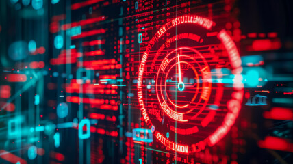 Obraz premium Futuristic digital interface with red and blue light patterns creating a sci-fi virtual reality environment. Advanced technology and data visualization concept.