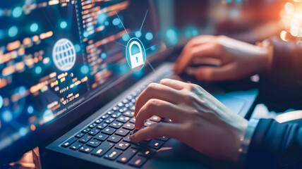 Person coding on a laptop with cybersecurity elements. Concepts of data protection, security, software development, and technology.