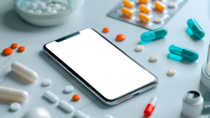 Smartphone surrounded by various colorful medications on a white surface. Modern technology in healthcare and digital health concept. PNG, Transparent, isolate.