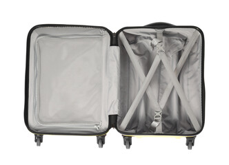 Open empty suitcase for travelling isolated on white, top view
