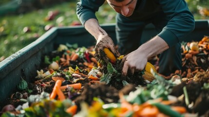 A man is composting organic waste in a garden. He is using his hands to mix the compost and the soil is dark and rich.