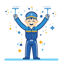 A simple flat illustration of an happy japanese man wearing blue uniform and cap, holding cleaning tool like sugs up high in the air , Minimalist style on white background with bright colors