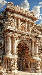 Fototapeta premium Intricate ancient stone temple entrance with elaborate carvings and sculptures, showcasing exquisite architectural details under a blue sky.
