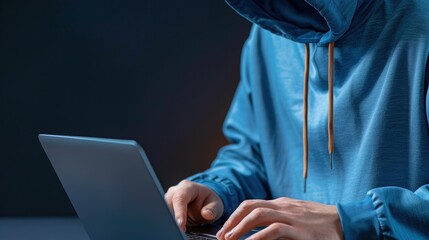 A person in a hoodie typing on a laptop in a dark environment, symbolizing technology and modern communication.