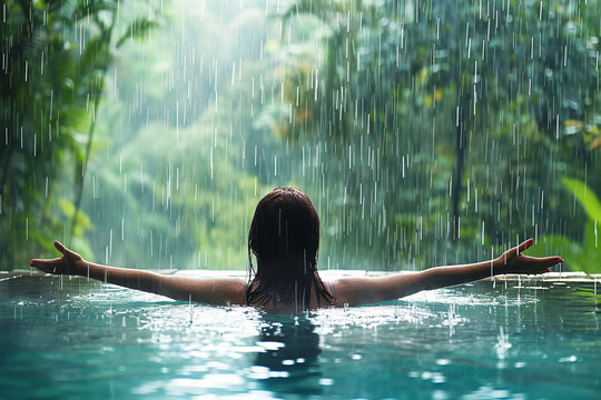 Young girl taking a bath and relaxing at infinity swimming pool. Summer concept about lifestyle, beauty, vacations and real estates.