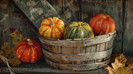 Pumpkins on wooden basket