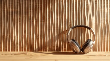 Quiet woodwork with noise canceling headphones space for text