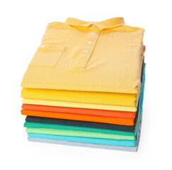 Stack of clean colorful t-shirts isolated on white