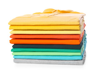 Stack of clean colorful t-shirts isolated on white