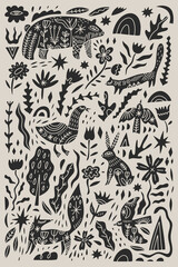 Vector nursery folk illustration of cute different woodland animals. Collection Including ornate bear, fox, birds, hare or rabbit, wild goose, weasel or marten, snake, thrush and other birds. Collage