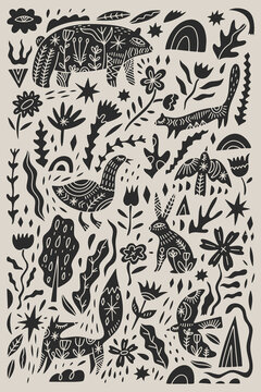 Vector nursery folk illustration of cute different woodland animals. Collection Including ornate bear, fox, birds, hare or rabbit, wild goose, weasel or marten, snake, thrush and other birds. Collage