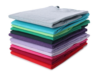 Stack of clean colorful t-shirts isolated on white