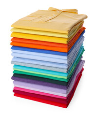 Stack of clean colorful t-shirts isolated on white