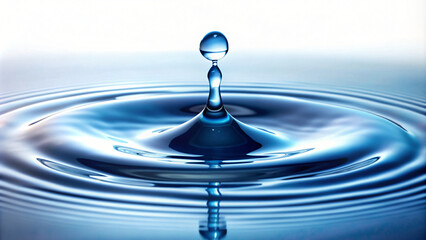 Liquid blue droplet splashing, creating abstract ripple and circle reflections