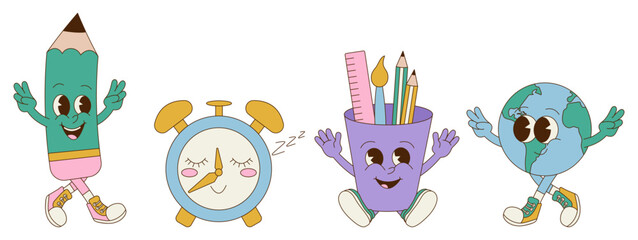 Retro groovy back to school sticker set. Cute mascots. Earth, alarm clock, pencil.