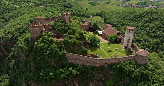 Aerial View of Sigmundskron Castle and Messner Mountain Museum in Bozen, Italy Historic Architecture and Alpine Beauty. High quality 4k footage
