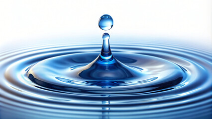 Liquid blue droplet splashing, creating abstract ripple and circle reflections