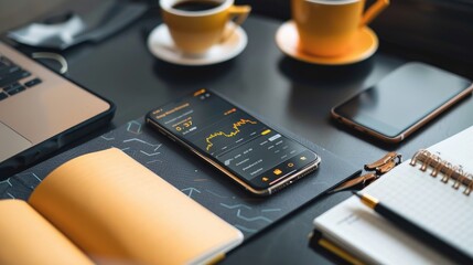 A smartphone displaying a stock market chart on a table with a laptop, coffee cups, a pen, and notebooks.