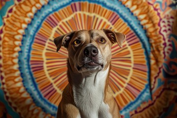 A charming dog poses against a vibrant, colorful backdrop, showcasing its playful spirit and friendly demeanor.