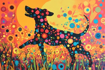 A vibrant, colorful artwork featuring a dog surrounded by playful dots and bright scenery, symbolizing joy and freedom.
