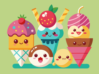 Cartoon ice cream. Sweet sundae, gelato in cone, cute chocolate summer freeze dessert, fruit popsicle, delicious scoop ice cream with animal face. Vector set 

