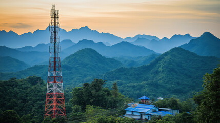 Obraz premium A tall red and white telecommunications tower set against a backdrop of lush green mountains. The tower stands prominently in the foreground, with its intricate metal structure and antennas