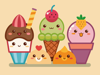 Cartoon ice cream. Sweet sundae, gelato in cone, cute chocolate summer freeze dessert, fruit popsicle, delicious scoop ice cream with animal face. Vector set 
