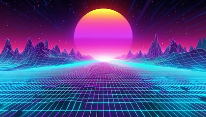 80s retro scifi background futuristic grid landscape digital cyber surface synthwave wireframe net illustration neon lights
