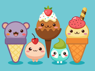 Cartoon ice cream. Sweet sundae, gelato in cone, cute chocolate summer freeze dessert, fruit popsicle, delicious scoop ice cream with animal face. Vector set 

