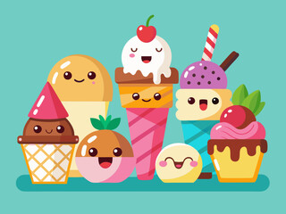 Cartoon ice cream. Sweet sundae, gelato in cone, cute chocolate summer freeze dessert, fruit popsicle, delicious scoop ice cream with animal face. Vector set 
