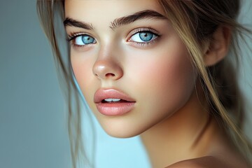 Close-up portrait of a young woman with stunning blue eyes and natural makeup, capturing beauty and elegance in soft lighting.