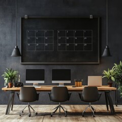 Modern workspace with desk, chairs and computers.