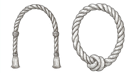 Two distinct rope frames. On the left, there's a simple, arch-like rope frame with a loop at the bottom. On the right, there's a more intricate frame that curves and loops, with a knot at the bottom