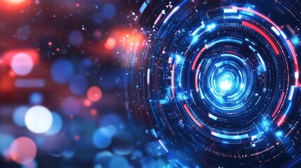 Fototapeta premium Futuristic digital technology abstract background with glowing blue and red circular shapes and bokeh effects.