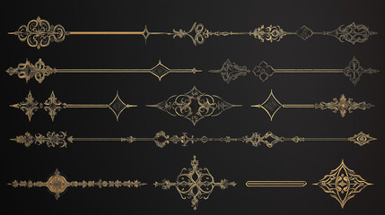 Fototapeta premium A collection of decorative dividers or separators, often used in design and typography. These dividers are presented in a horizontal layout and come in various designs, including straight lines