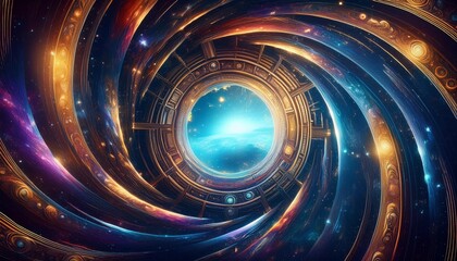 A time-travel portal in space with swirling galaxies around