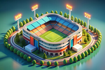 Vector isometric icon or infographic element representing low poly football or soccer stadium with cars and buses on the street

