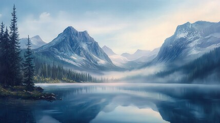 Tranquil mountain lake at sunrise with mist rising, serene reflections of snow-capped peaks and pine trees, peaceful natural landscape, calm morning in the mountains, nature's beauty